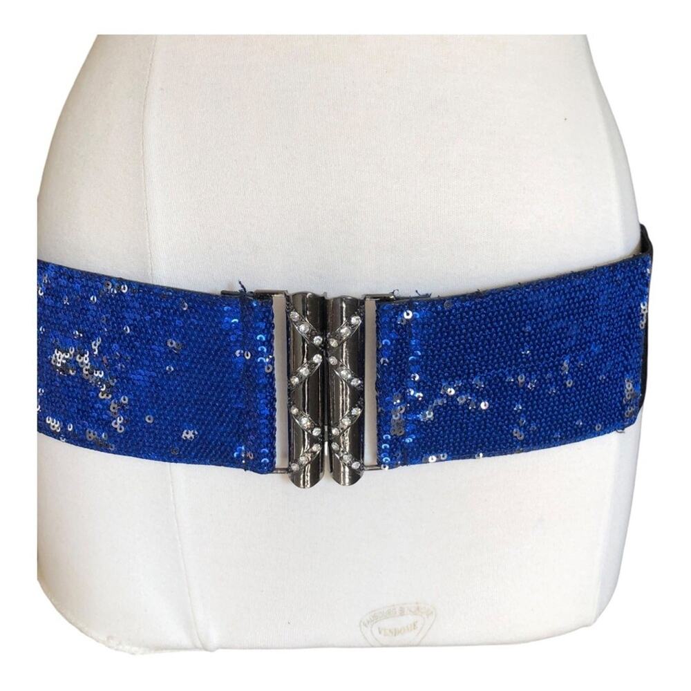 Y2K Blue Sequin Stretch Belt Rhinestone Buckle Glam Party Festival